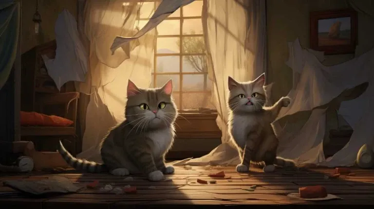 Two cats standing in front of a broken window.