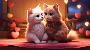 Two kittens sitting on a bed with hearts in the background.