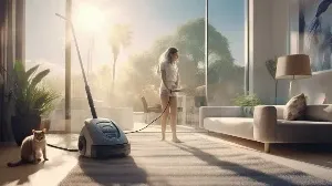 A woman is standing in a living room with a vacuum cleaner.