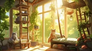 Two cats sitting in a room with a window.