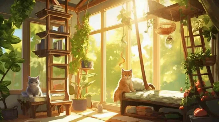 Two cats sitting in a room with a window.