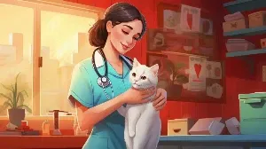 A woman is holding a cat in front of a stethoscope.