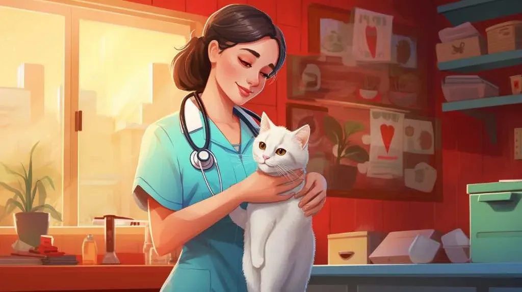 A woman is holding a cat in front of a stethoscope.