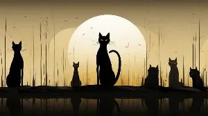 A group of black cats standing in front of a lake.