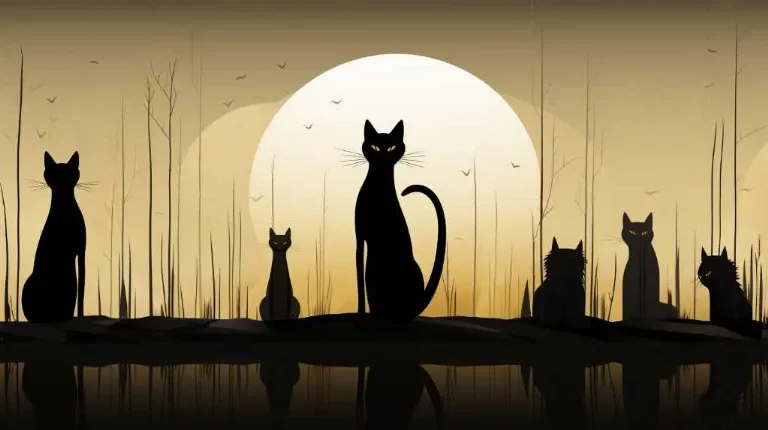 A group of black cats standing in front of a lake.