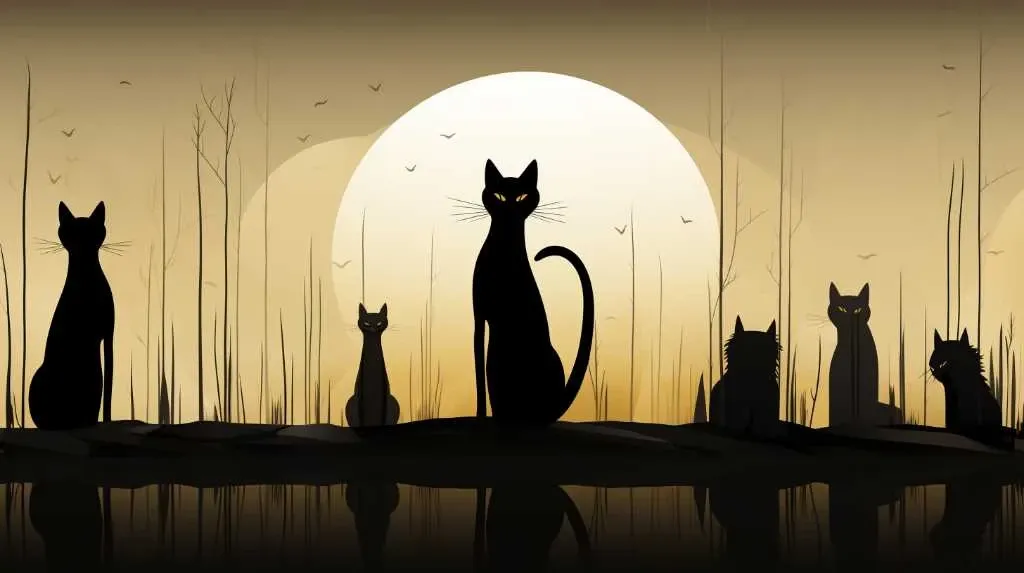 A group of black cats standing in front of a lake.