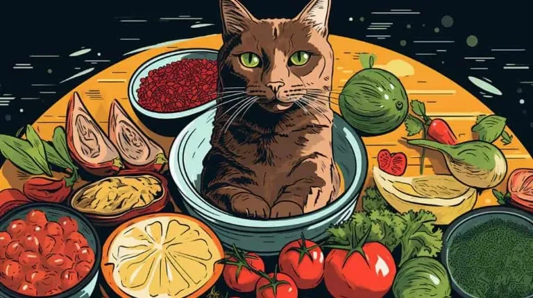 An illustration of a cat sitting in a bowl of vegetables.
