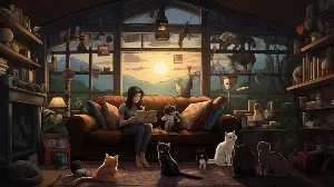 A woman is sitting on a couch with cats around her.