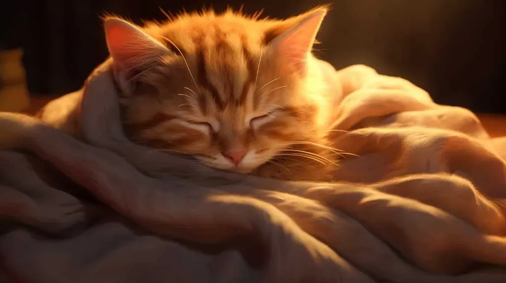 An orange tabby cat sleeping in a blanket.