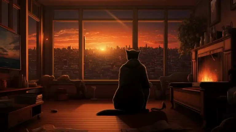 A cat sitting in front of a fireplace watching the sunset.