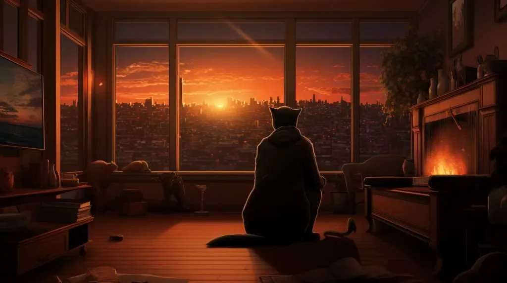 A cat sitting in front of a fireplace watching the sunset.