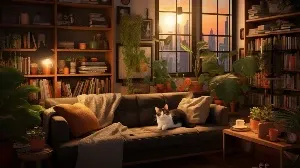A cat is sitting on a couch in a room with bookshelves.