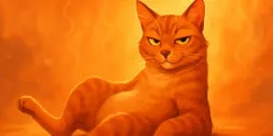 An orange tabby cat reclines on the floor, looking directly at the viewer with a relaxed yet confident expression, against a warm orange background.