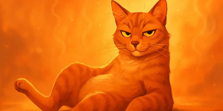 An orange tabby cat reclines on the floor, looking directly at the viewer with a relaxed yet confident expression, against a warm orange background.