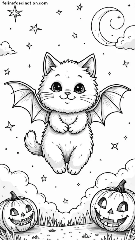 Cute cartoon cat with bat wings flying among stars and a crescent moon, with two carved pumpkins on the ground.