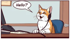 Cartoon cat wearing a headset, sitting at a desk with a phone and notepad, saying 