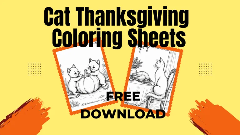 Cat Thanksgiving Coloring Sheets advertisement with two illustrated cats; one with a pumpkin, the other near a table. 