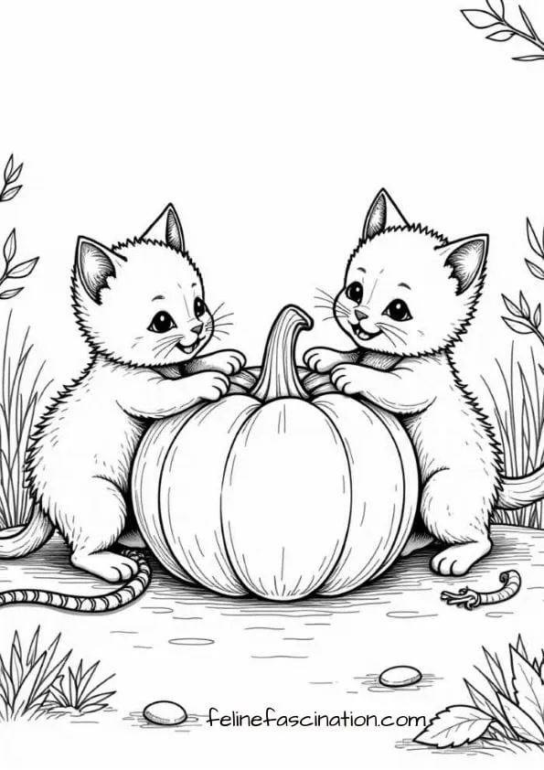 Two cartoon kittens play with a large pumpkin in a garden setting.