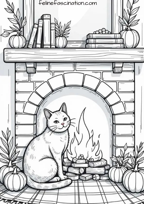 Black and white drawing of a cat sitting in front of a fireplace. There are pumpkins and plants on the mantel and a stack of logs burning in the fireplace.