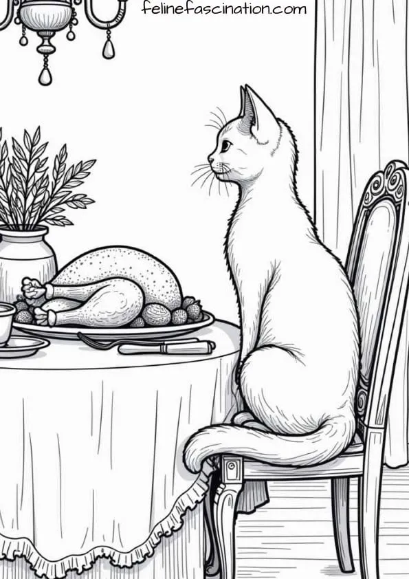 A cat sits on a chair at a dining table with a whole turkey, a vase of herbs, and a chandelier above.