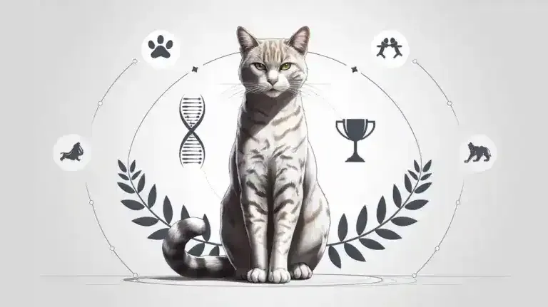 A striped cat sits centered, surrounded by icons of a DNA strand, paw print, trophy, and cat silhouettes, with laurel leaves framing the bottom.