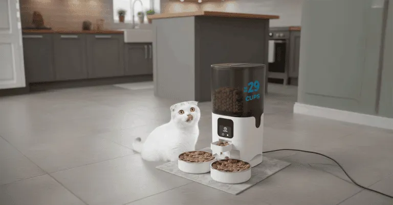 A white cat sits by an automatic pet feeder with two food bowls and a digital display showing 