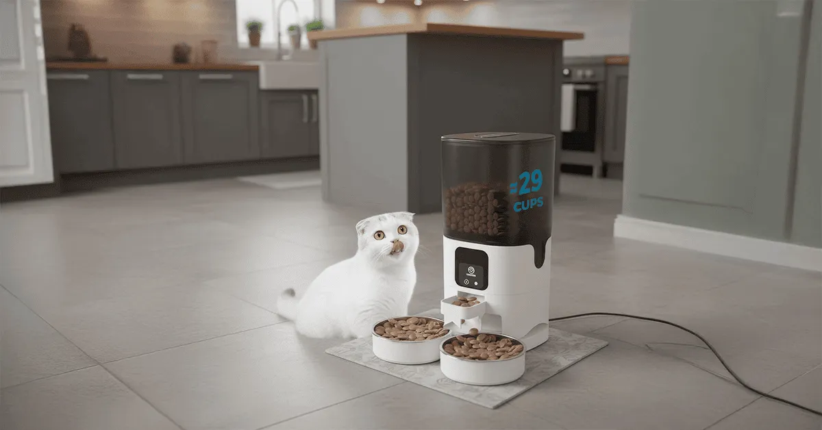 A white cat sits by an automatic pet feeder with two food bowls and a digital display showing